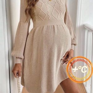 Elegant Beige Knit Maternity Dress